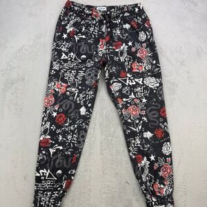 Fresh Prints of Bel-Air Pants Mens Large Black Graffiti Rose Skull Print Jogger